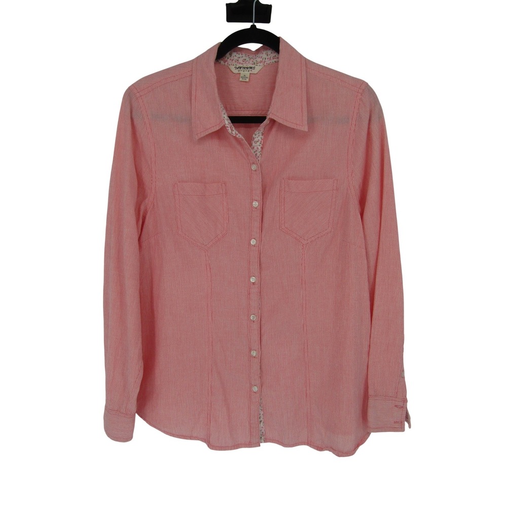 Tantrums Button Down Shirt Womens XL Pink Striped Cotton Long Sleeve Floral Trim